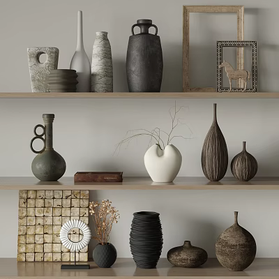 Ceramic Vessels in Various Shapes and Neutral Tones Displayed on Wooden Shelves for Modern Home Decor 3d model