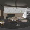 Modern Living Room Interior Design With Circular Ceiling Chandelier And Textured Wall Fireplace
