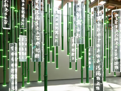 Art Installation Showcasing Tall Green Bamboo And Suspended Chinese Calligraphy Panels 3d model