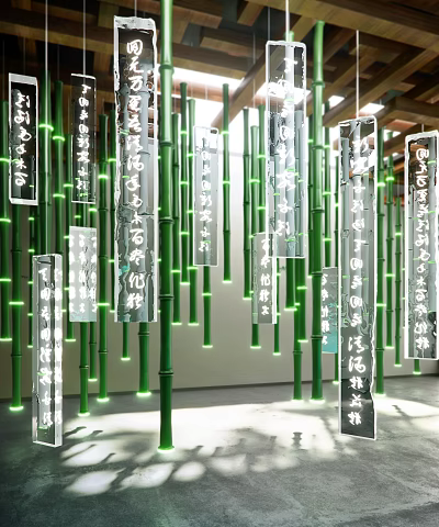 Art Installation Showcasing Tall Green Bamboo And Suspended Chinese Calligraphy Panels 3d model