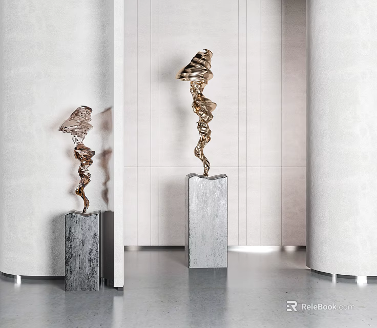 Modern Abstract Sculpture Carving With Golden Metallic Twist And Gray Stone Base For Indoor Decor 3d model 