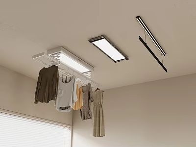 Practical Ceiling Mounted Electric Clothes Drying Rack With Hanging Clothes And Lighting 3d model