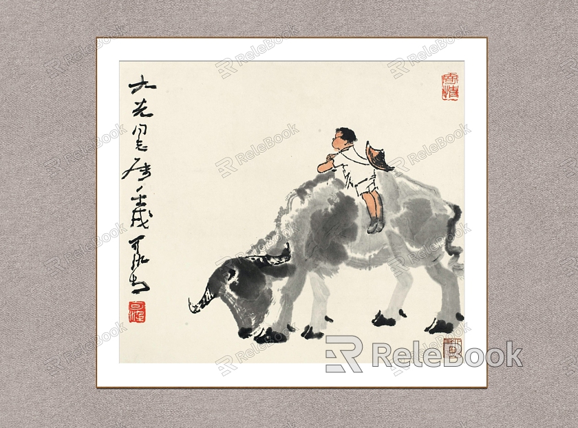 Chinese Decorative Painting Cattle Li Keran Shepherd Boy Figure model