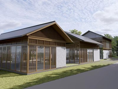 Boutique Hotel Building With Wooden Roof White Brick Walls Large Glass Windows And Green Lawn 3d model
