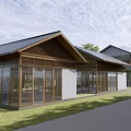 Boutique Hotel Building With Wooden Roof White Brick Walls Large Glass Windows And Green Lawn