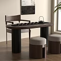 Modern Wooden Tea Table And Chairs With Stools Near Window And Green Plant