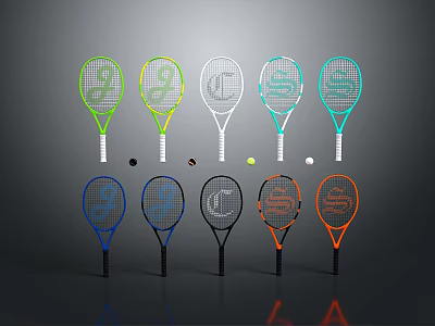 Colorful Tennis Rackets with Various Designs and Tennis Balls on 3d model