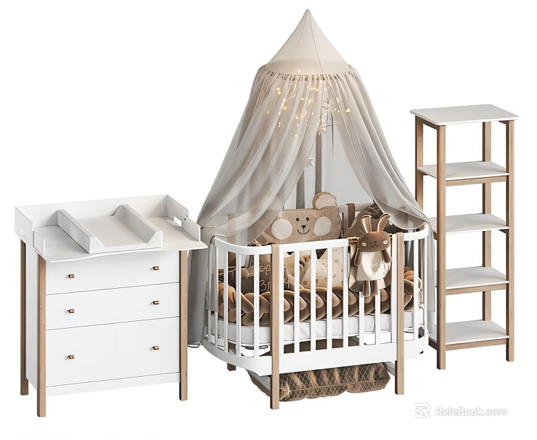 Baby Crib with White Canopy Fairy Lights Stuffed Toys Wooden Changing Table and Shelf Unit 3d model 