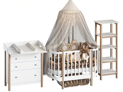 Baby Crib with White Canopy Fairy Lights Stuffed Toys Wooden Changing Table and Shelf Unit 3d model