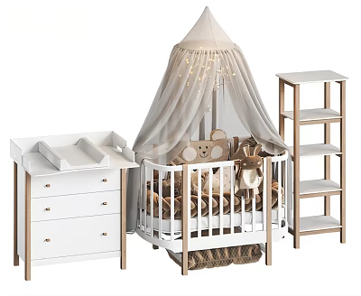 Baby Crib with White Canopy Fairy Lights Stuffed Toys Wooden Changing Table and Shelf Unit 3d model
