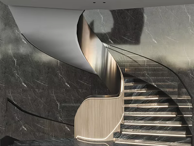 Elegant Modern Spiral Staircase With Marble Wall Metal Handrail And Wooden Steps 3d model