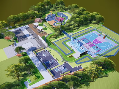 Park Landscape Design With Basketball Court Recreation Area Green Trees And Pathways 3d model