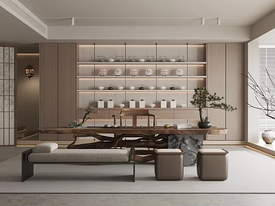 Modern Tea Room With Wooden Table Chairs And Display Shelves 3d model