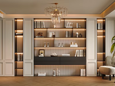 Elegant Modern Bookcase With Layered Design LED Lighting And Decorative Displays 3d model