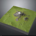 Modern 3D Terrain Model With Green Surface White Peak And Purple Mountain Ranges