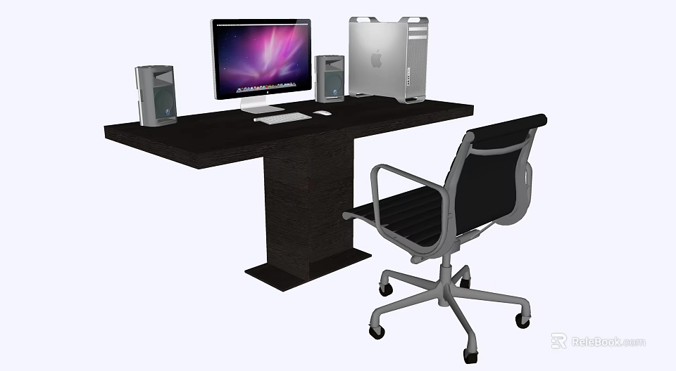 Black Office Desk With Computer Monitor CPU Tower Speakers Keyboard Mouse And Ergonomic Chair 3d model 