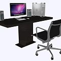 Black Office Desk With Computer Monitor CPU Tower Speakers Keyboard Mouse And Ergonomic Chair