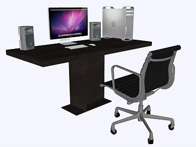 Black Office Desk With Computer Monitor CPU Tower Speakers Keyboard Mouse And Ergonomic Chair 3d model
