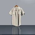 Short Sleeved Striped Shirt Hanging On Wooden Hanger With Grey Wall Background And Floor Reflection