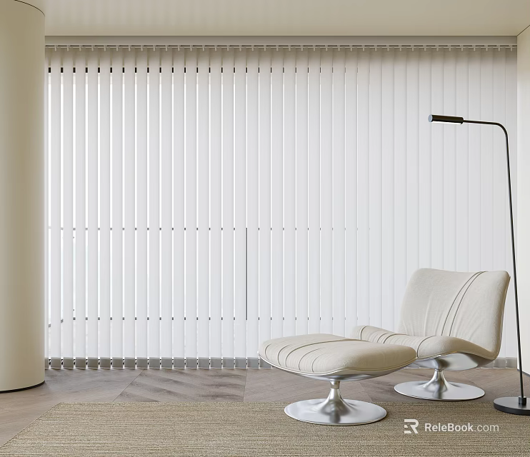 White Venetian Blinds In Modern Room Interior With Beige Chair And Floor Lamp 3d model 
