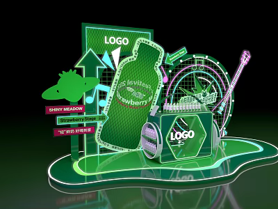 3D Brand Display With Logo Strawberry Healthy Beverage Green Design And Entertainment Elements 3d model