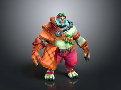 3D Orc Character Design With Colorful Hat Orange Cloak Green Skin And Red Pants 3d model