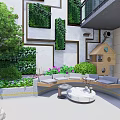 Modern Garden Patio With Greenery Walls Cat Tree And Black Cat On Stone Floor