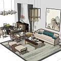 Traditional Chinese Sofa And Coffee Table Set With Pendant Lights Decorative Painting And Curtains