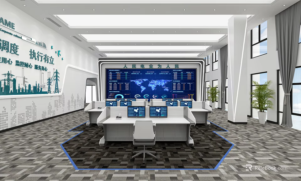 Modern Monitoring Room Interior With Digital Displays And Multiple Workstations 3d model 