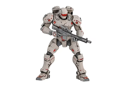 Smart Robot Mech Warrior Holding Rifle In White Red Design Standing Posture 3d model