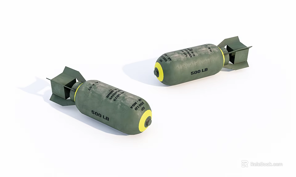 Green Military 500 LB Bombs With Yellow Bottom And Tail Fins 3d model 