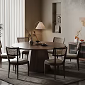 Modern Walnut Dining Table Set with Matching Chairs Potted Plant Table Lamp Artwork and Cabinet