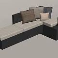 L shaped Outdoor Sofa with Black Frame Beige Cushions and Multiple Pillows Side Table Lantern