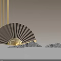 Stage with Gold Vertical Stripes Beige Background Large Beige Folding Fan and Gray Rock Models