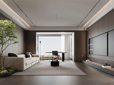 Modern Living Dining Room Interior With Beige Sofa Coffee Table Large TV And Green Plant 3d model