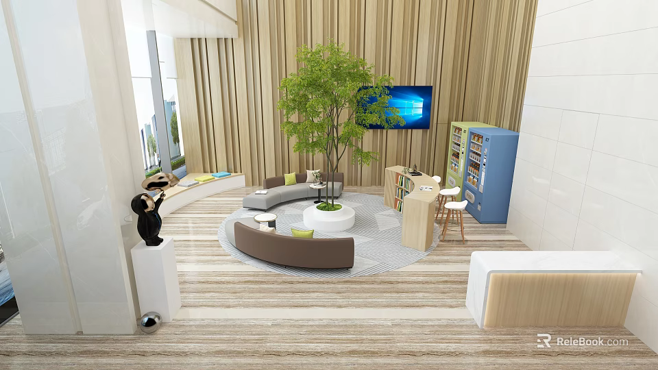 Contemporary Lounge Area With Circular Sofa Green Plant TV Wooden Bookshelf And Comfortable Seating 3d model 