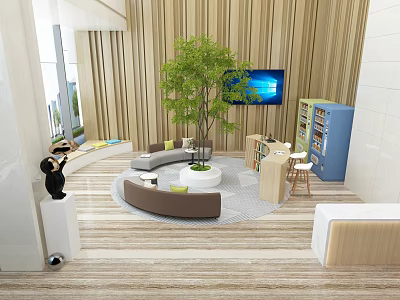 Contemporary Lounge Area With Circular Sofa Green Plant TV Wooden Bookshelf And Comfortable Seating 3d model