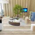 Contemporary Lounge Area With Circular Sofa Green Plant TV Wooden Bookshelf And Comfortable Seating
