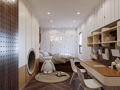 Tatami Bedroom Interior With Tatami Bed Open Shelves Desk Chair Woven Rug And Stuffed Toy 3d model
