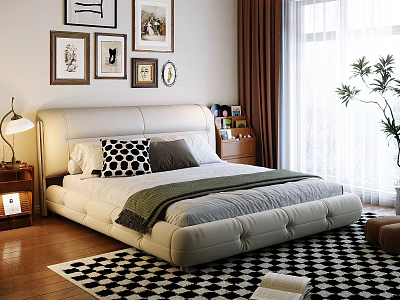 White Tufted Double Bed With Pillows Green Blanket Nightstand Lamp Framed Pictures Checkered Rug Curtains 3d model