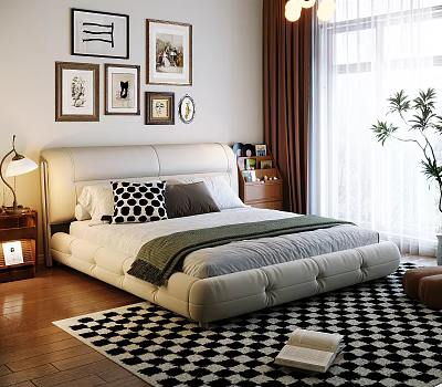 White Tufted Double Bed With Pillows Green Blanket Nightstand Lamp Framed Pictures Checkered Rug Curtains 3d model