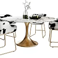 Modern Dining Table Set With Marble Top Gold Base And Black White Patterned Chairs 3d model