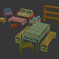 Wooden Sofa And Coffee Table Set With Green Cushions And Matching Furniture Pieces