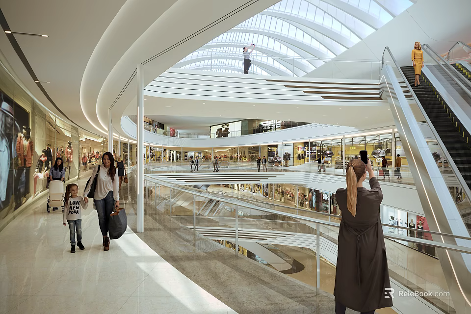 Modern Elevator Hallway Interior With Escalators Glass Railings And Walking Pedestrians 3d model 