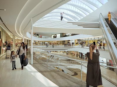 Shopping Mall Atrium Plant Dining Table and Chair Combination Commercial Space Skylight Escalator Character Roller Shutter Column 3d model