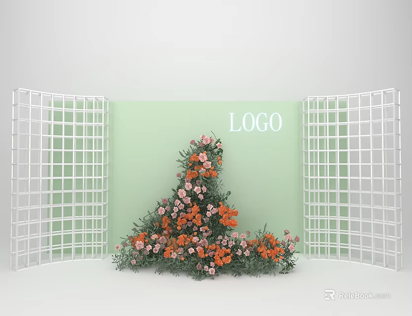 Floral Installation With Orange Pink Flowers Against Light Green Background Flanked By White Grid Screens 3d model 