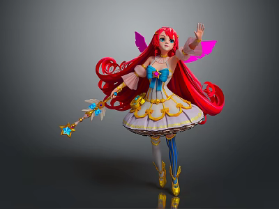 Magical Fairy Character With Red Hair Pink Wings And Sparkling Wand 3d model