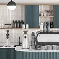 Modern Bar Counter With Teal Cabinets White Tiled Backsplash Coffee Machine And Pastry