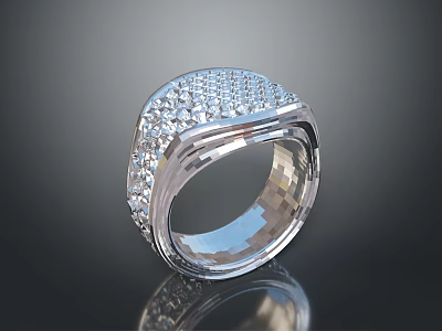 Silver Diamond Ring With Sparkling Stones And Polished Metal Band 3d model
