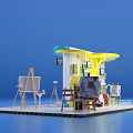 Colorful Exhibition Booth with Blue White Design and Hanging Paintings on Easels